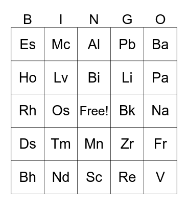 Periodic Table of Elements Bingo Card