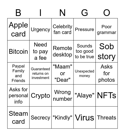 Scam bingo Card