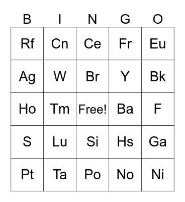 Periodic Table of Elements Bingo Card