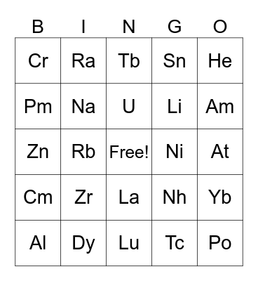 Periodic Table of Elements Bingo Card