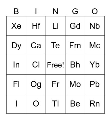Periodic Table of Elements Bingo Card
