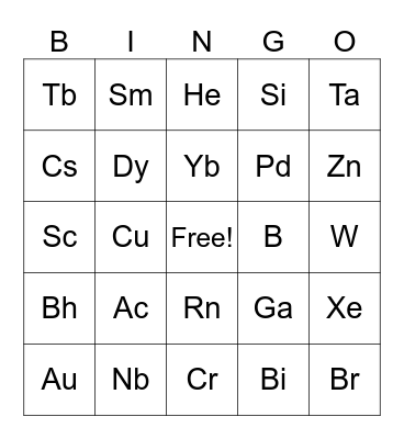 Periodic Table of Elements Bingo Card
