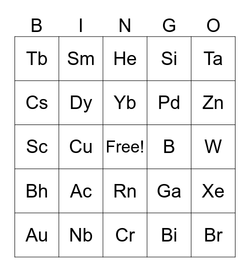 Periodic Table of Elements Bingo Card