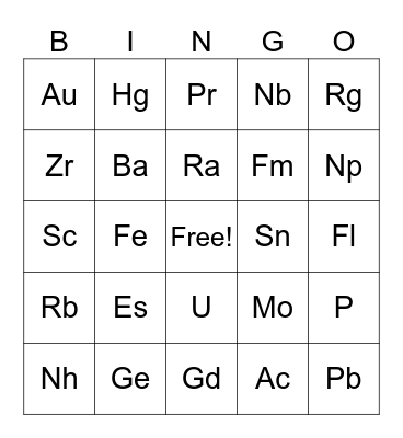 Periodic Table of Elements Bingo Card