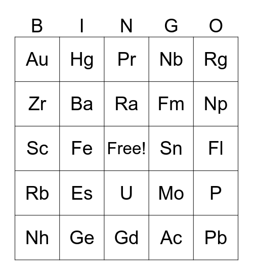 Periodic Table of Elements Bingo Card