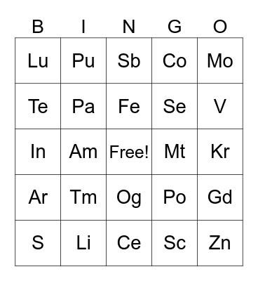 Periodic Table of Elements Bingo Card