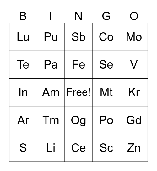 Periodic Table of Elements Bingo Card