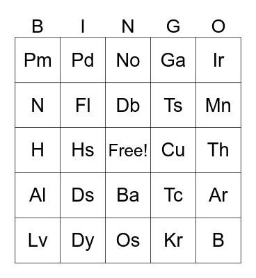 Periodic Table of Elements Bingo Card