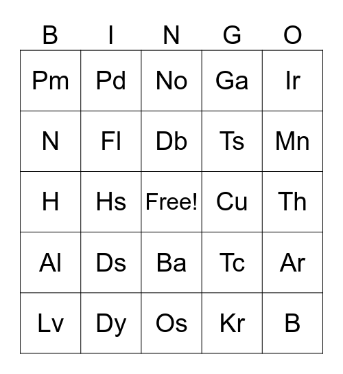 Periodic Table of Elements Bingo Card