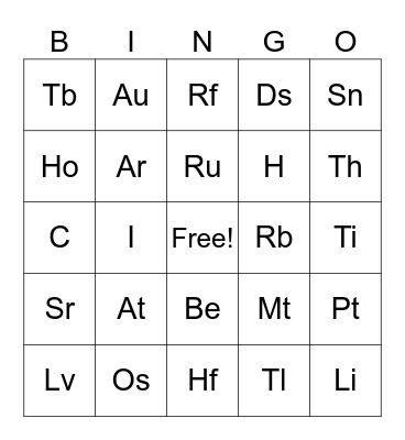 Periodic Table of Elements Bingo Card