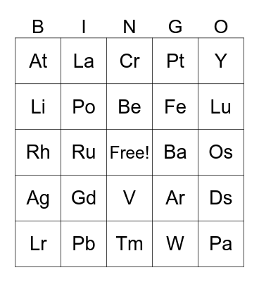 Periodic Table of Elements Bingo Card