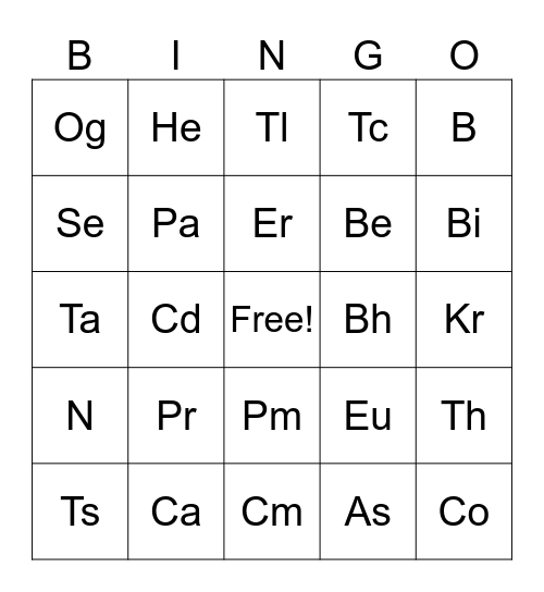 Periodic Table of Elements Bingo Card