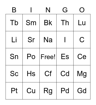Periodic Table of Elements Bingo Card