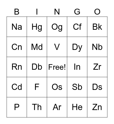 Periodic Table of Elements Bingo Card
