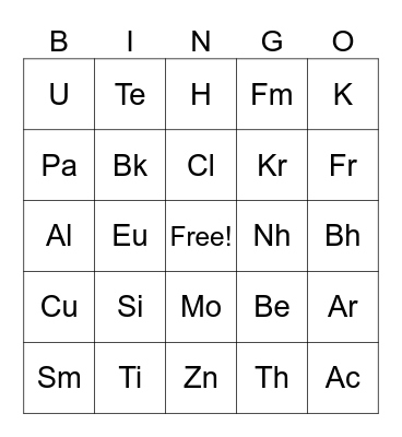 Periodic Table of Elements Bingo Card