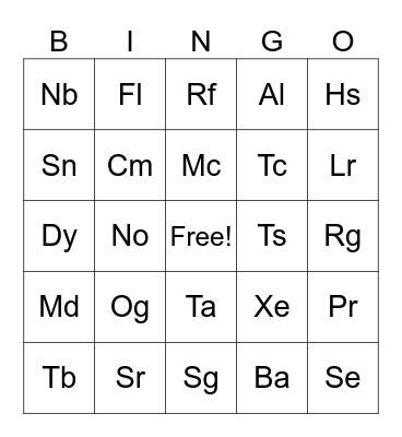 Periodic Table of Elements Bingo Card