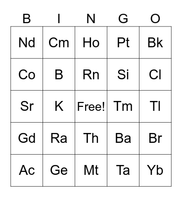 Periodic Table of Elements Bingo Card