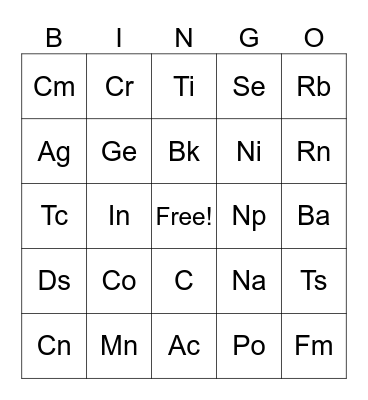 Periodic Table of Elements Bingo Card