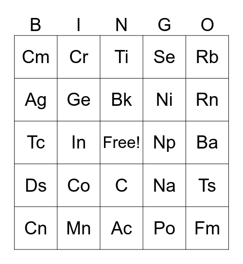 Periodic Table of Elements Bingo Card
