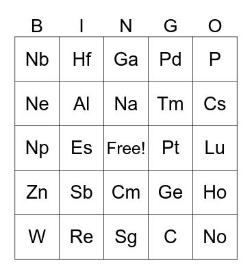 Periodic Table of Elements Bingo Card