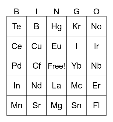 Periodic Table of Elements Bingo Card