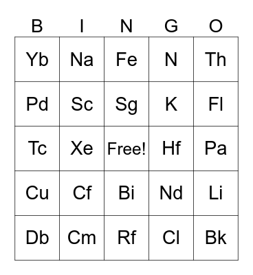 Periodic Table of Elements Bingo Card