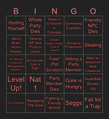 Baldur's Gate 3 Shenanigans Bingo Card