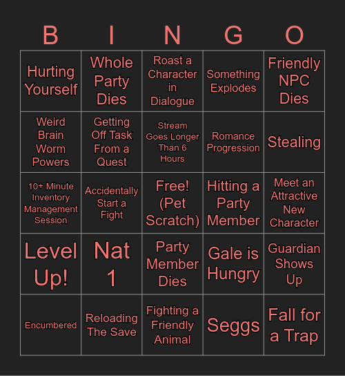 Baldur's Gate 3 Shenanigans Bingo Card