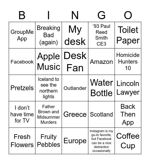 Team Favorites Bingo Card