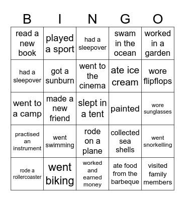 Summer vacation bingo Card