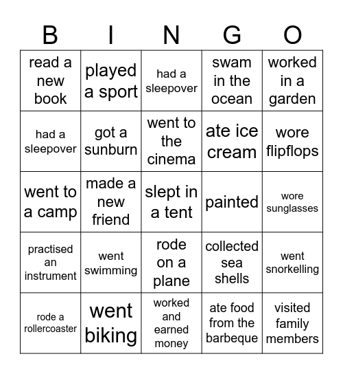 Summer vacation bingo Card