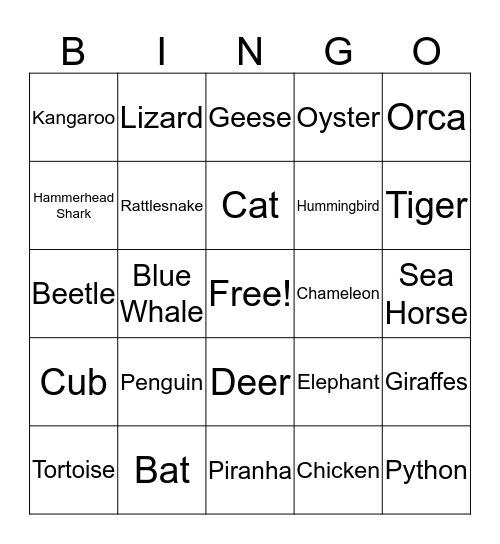 Animal Bingo Card