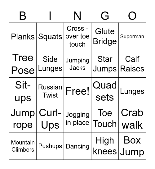 Fitnessgram Bingo Card