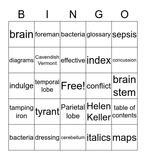 Phineas Gage Bingo Card