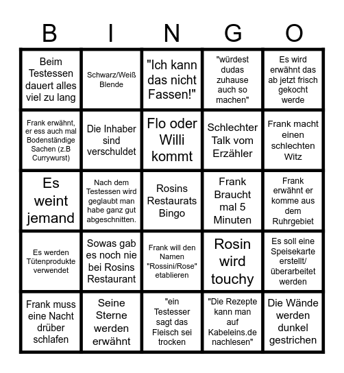 Rosins Restaurant Bingo Card