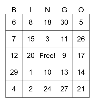 Numbers in French Bingo Card