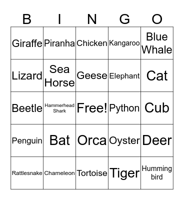 Animal Bingo Card