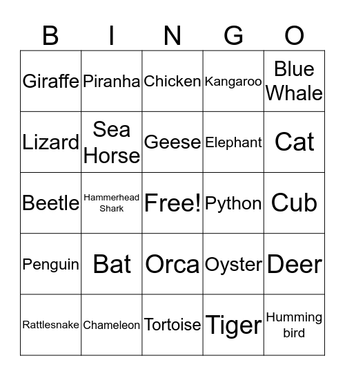 Animal Bingo Card