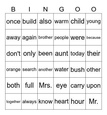 Sight Words Bingo Card