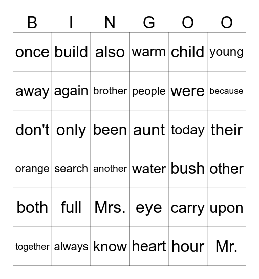 Sight Words Bingo Card