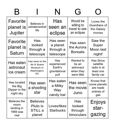 Astronomy Bingo Card