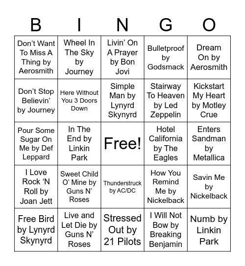 Rock Music Bingo Card