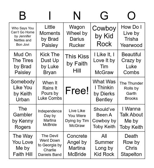 Country Music Bingo Card