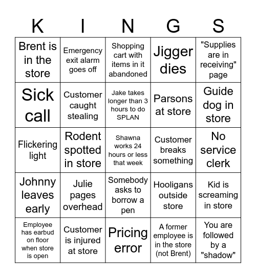 King's Bingo 1 Bingo Card