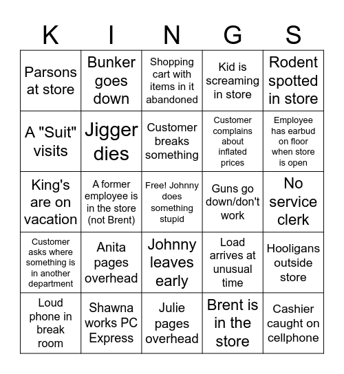 King's Bingo 1 Bingo Card
