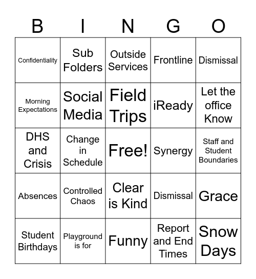 Staff Handbook Bingo Card