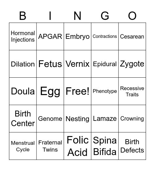 Prenatal Bingo Card