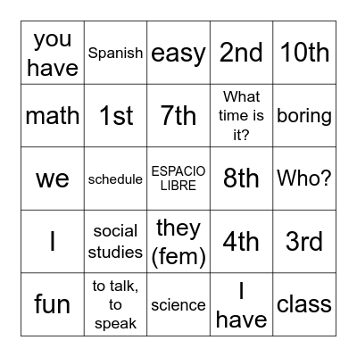 2A Tu día de en la escuela Bingo Card