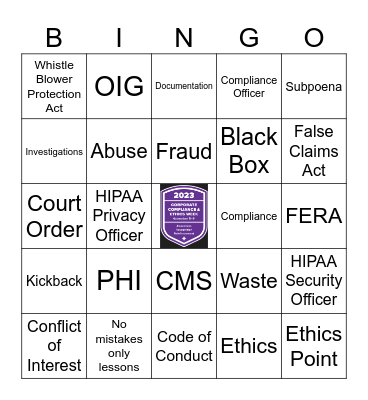 2023 Ethics and Compliance Week Bingo Card
