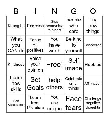 Self Esteem Bingo Card